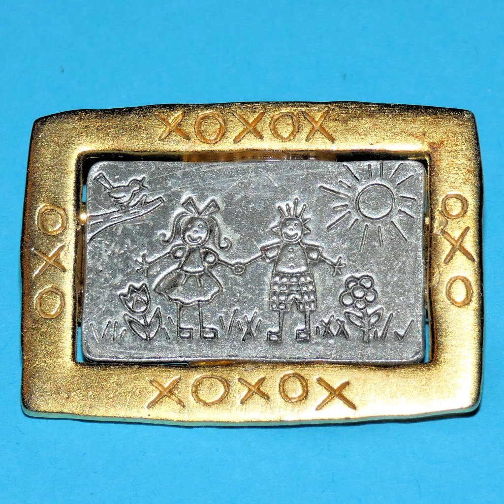 Vintage Jj Childs Drawing Brooch Pin Jonette Kids Art Frame Silver Gold Tone 25$